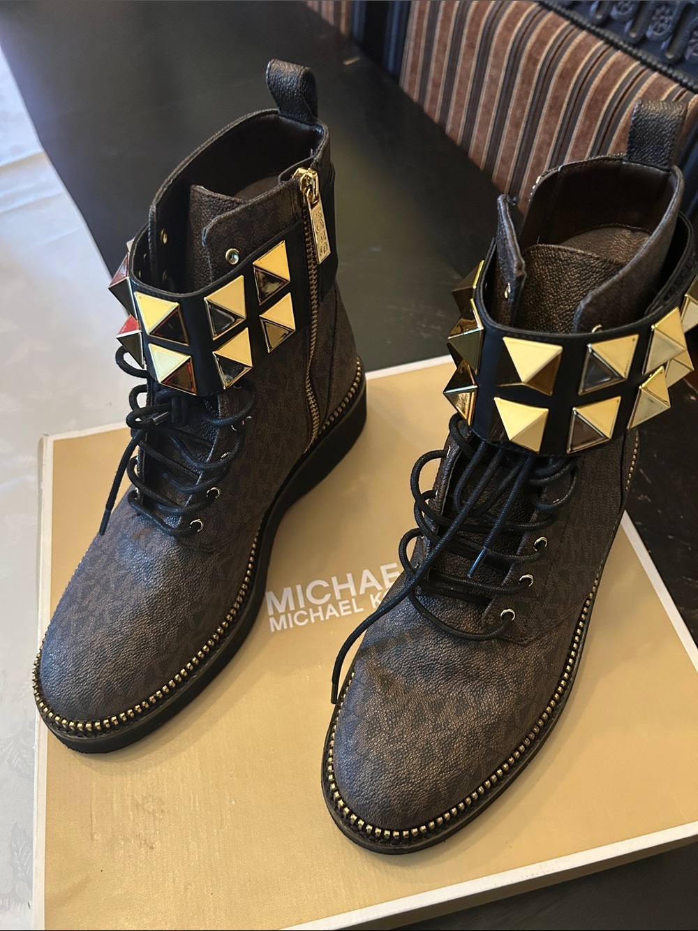 Michael Kors Black Logo Combat Boots with Gold Pyramid Stud Strap